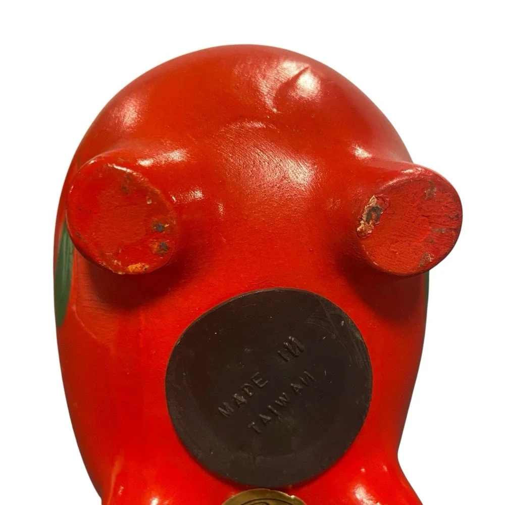 Folk Art Handpainted Piggy Bank Red/Yellow Flowers Tail Handle Ceramic Retro